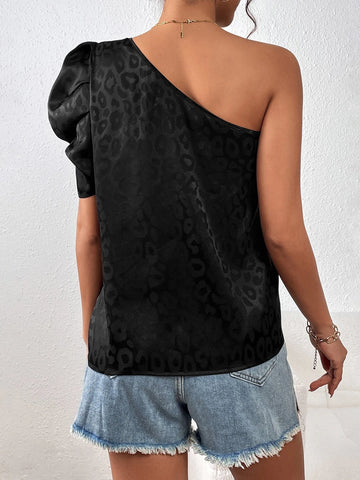 Unity Leopard Jacquard One Shoulder Puff Sleeve Blouse