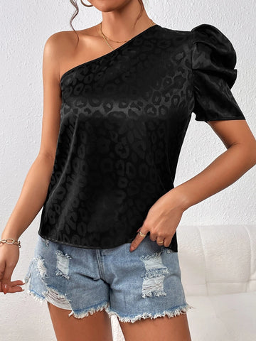 Unity Leopard Jacquard One Shoulder Puff Sleeve Blouse