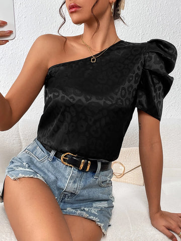 Unity Leopard Jacquard One Shoulder Puff Sleeve Blouse