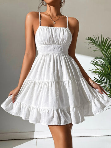 PETITE Swiss Dot Shirred Ruffle Hem Cami Dress