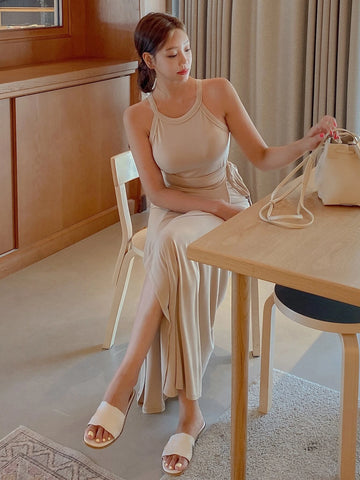 DAZY Solid Halter Top & Knot Side Wrap Hem Skirt