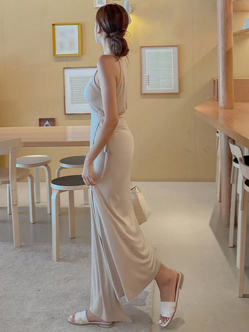 DAZY Solid Halter Top & Knot Side Wrap Hem Skirt