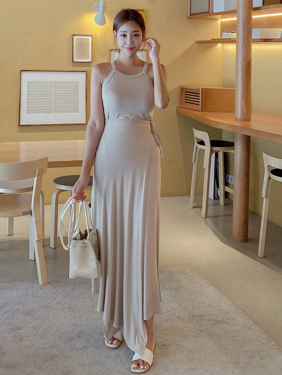 DAZY Solid Halter Top & Knot Side Wrap Hem Skirt