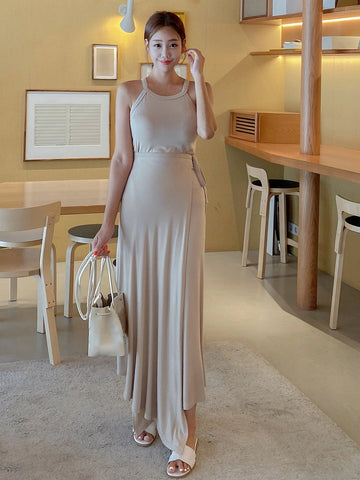 DAZY Solid Halter Top & Knot Side Wrap Hem Skirt