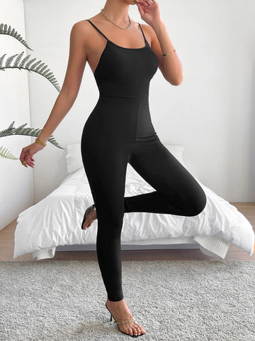 Unity Solid Ribbed Knit Backless Cami Unitard Jumpsuit