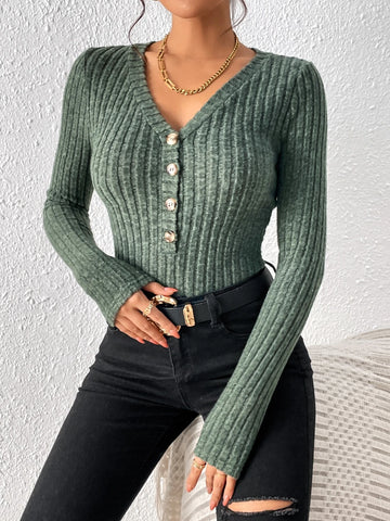 Ribbed Knit Half Button Bodysuit