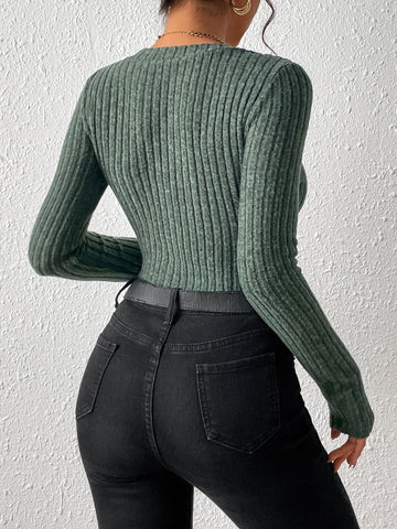 Ribbed Knit Half Button Bodysuit