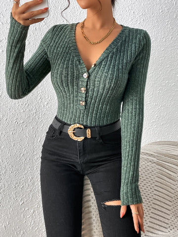 Ribbed Knit Half Button Bodysuit