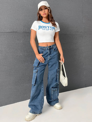 EZwear Letter Graphic Contrast Binding Crop Tee