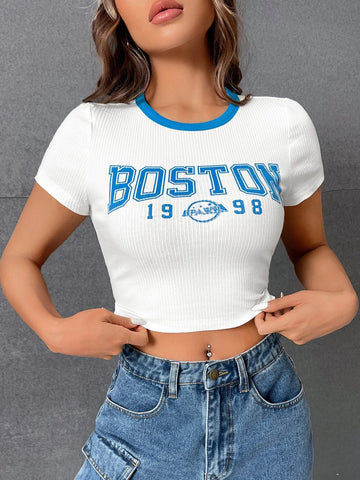 EZwear Letter Graphic Contrast Binding Crop Tee