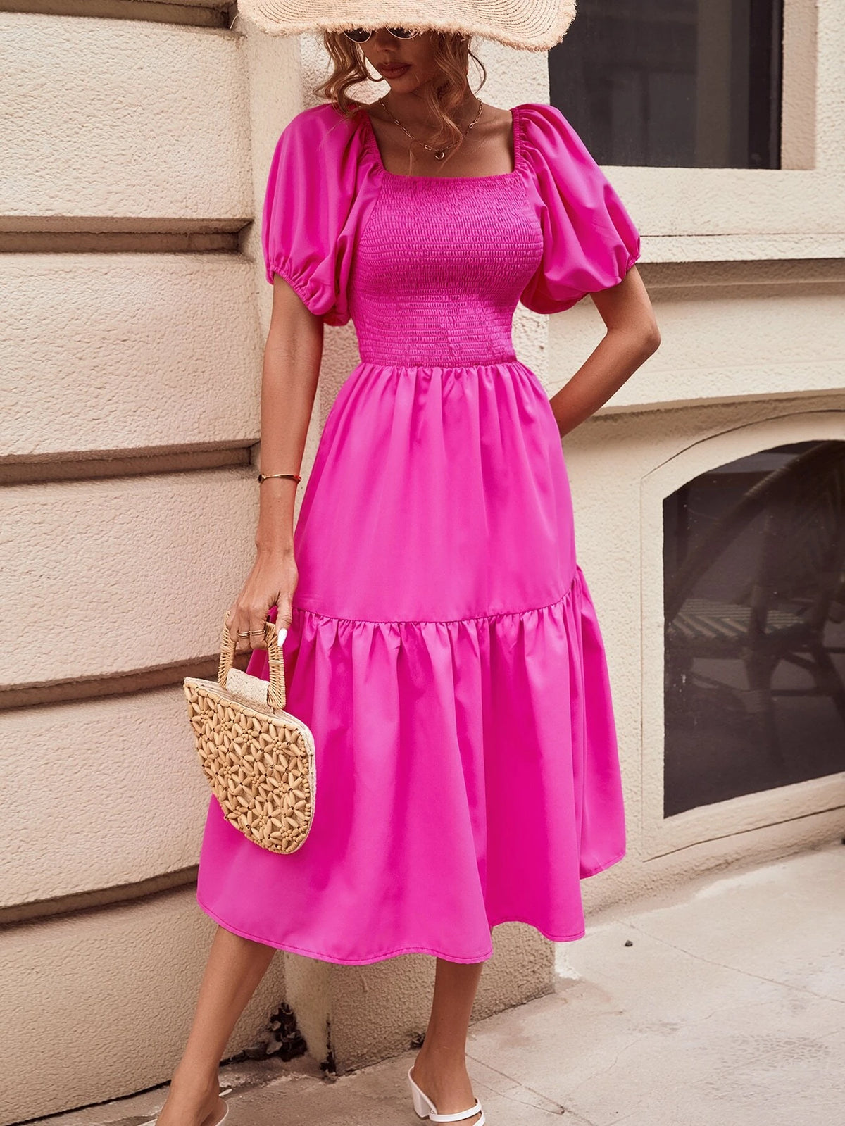 Square Neck Puff Sleeve Ruffle Hem Dress