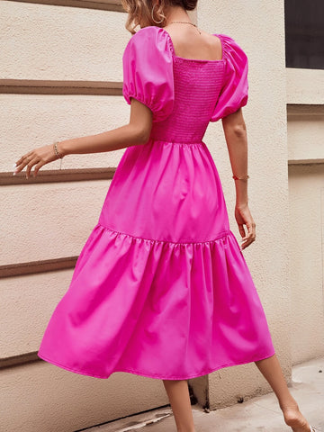 Square Neck Puff Sleeve Ruffle Hem Dress
