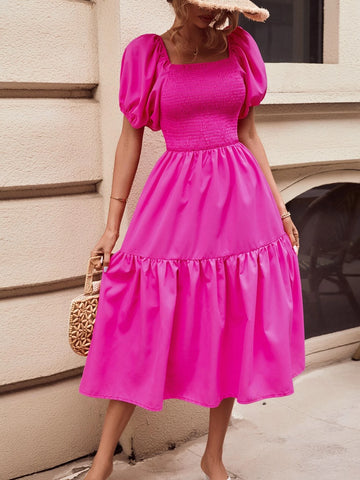 Square Neck Puff Sleeve Ruffle Hem Dress