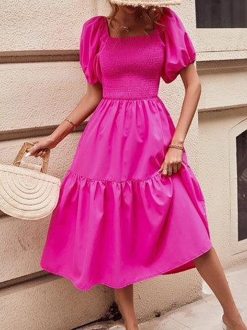 Square Neck Puff Sleeve Ruffle Hem Dress