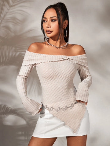 ICON Off Shoulder Lettuce Trim Asymmetrical Hem Tee