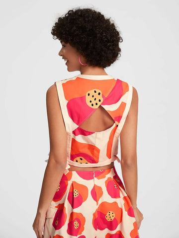 Floral Print Knot Side Cutout Back Crop Blouse