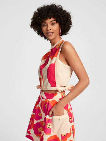 Floral Print Knot Side Cutout Back Crop Blouse