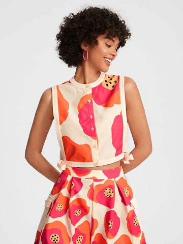 Floral Print Knot Side Cutout Back Crop Blouse