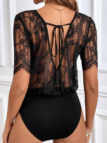 Contrast Lace Tie Back Bodysuit