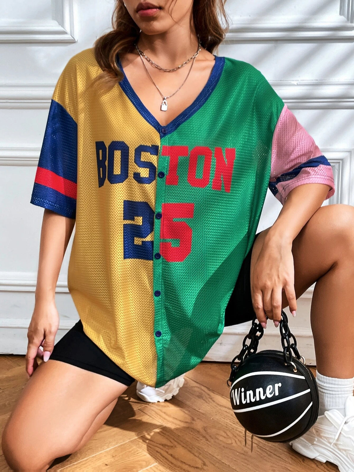 EZwear Letter Graphic Colorblock Drop Shoulder Baseball Shirt