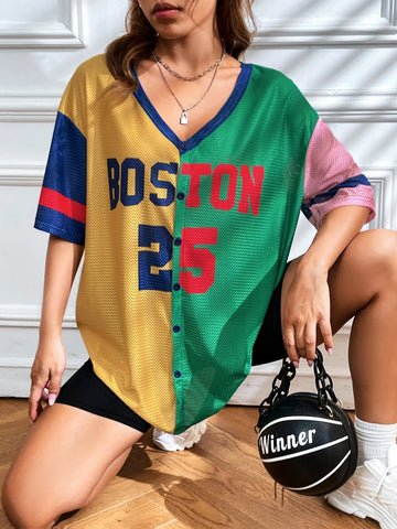 EZwear Letter Graphic Colorblock Drop Shoulder Baseball Shirt