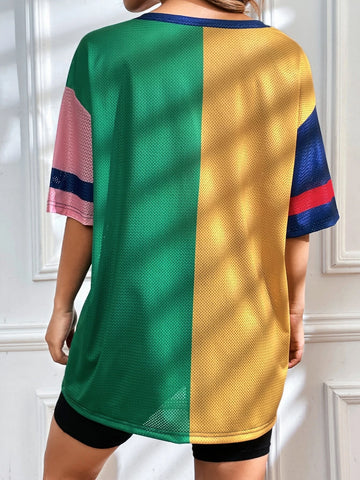 EZwear Letter Graphic Colorblock Drop Shoulder Baseball Shirt