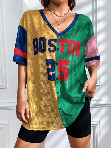 EZwear Letter Graphic Colorblock Drop Shoulder Baseball Shirt