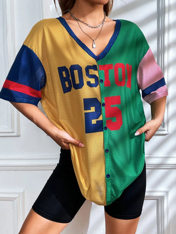 EZwear Letter Graphic Colorblock Drop Shoulder Baseball Shirt