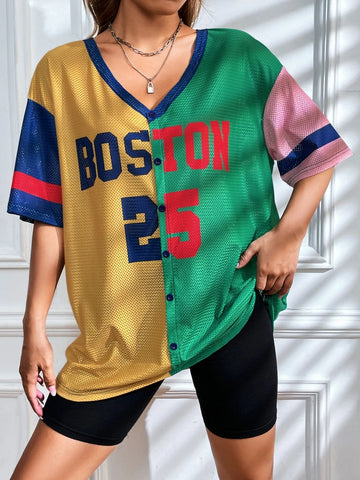 EZwear Letter Graphic Colorblock Drop Shoulder Baseball Shirt