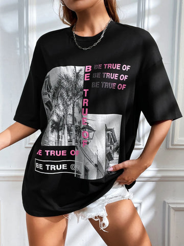 EZwear Building & Slogan Graphic Drop Shoulder Tee