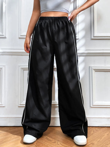 Contrast Piping Elastic Waist Wide Leg Pants