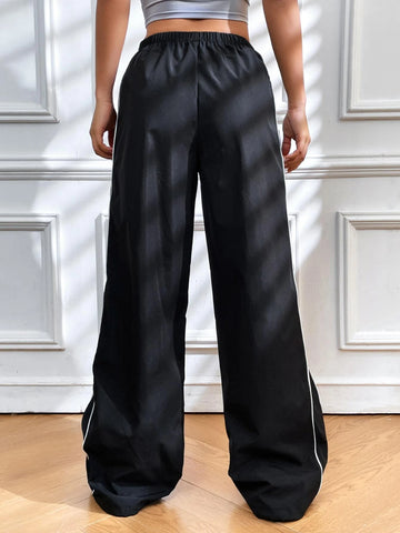 Contrast Piping Elastic Waist Wide Leg Pants