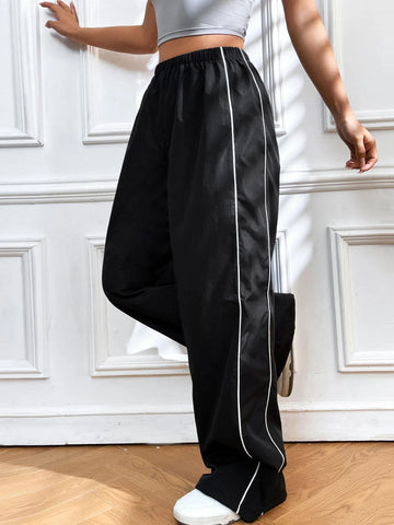 Contrast Piping Elastic Waist Wide Leg Pants