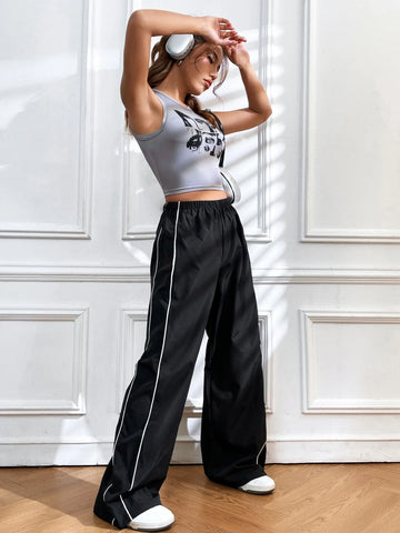 Contrast Piping Elastic Waist Wide Leg Pants