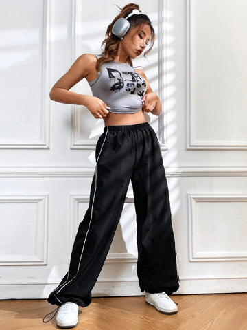 Contrast Piping Elastic Waist Wide Leg Pants