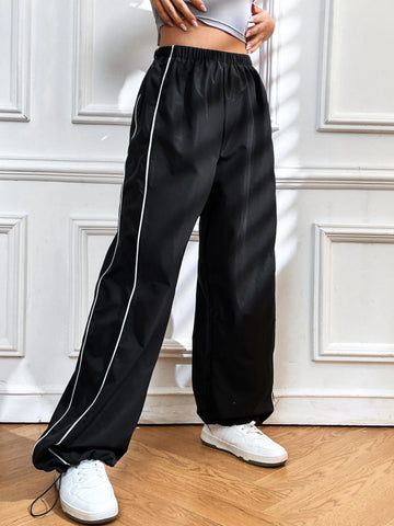 Contrast Piping Elastic Waist Wide Leg Pants