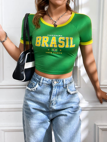 Letter Graphic Contrast Trim Raglan Sleeve Crop Tee