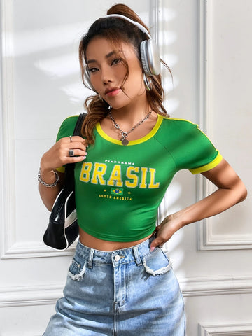 Letter Graphic Contrast Trim Raglan Sleeve Crop Tee