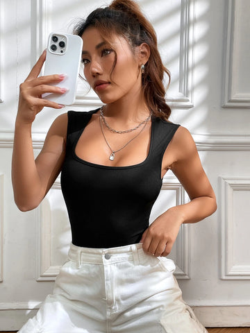 Solid Square Neck Tank Bodysuit