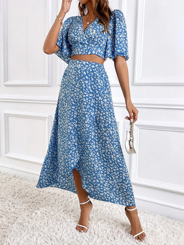Frenchy Allover Print Butterfly Sleeve Crop Top & Wrap Hem Skirt