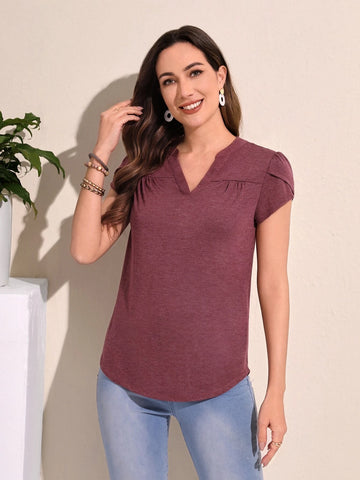 EMERY ROSE Notched Neck Curved Hem Tee