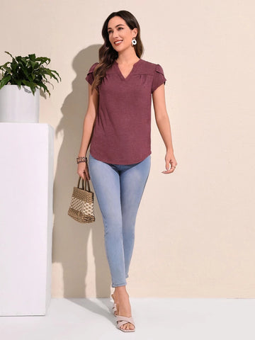 EMERY ROSE Notched Neck Curved Hem Tee