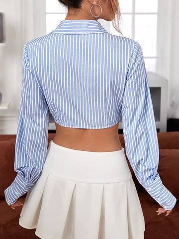 EZwear Striped Print Curved Hem Shirt