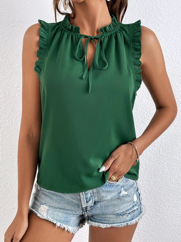 Frenchy Tie Neck Ruffle Trim Blouse