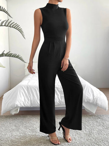 SXY Mock Neck Slant Pocket Wide Leg Jumpsuit