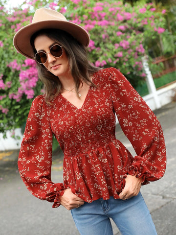 EMERY ROSE Floral Print Lantern Sleeve Shirred Peplum Blouse