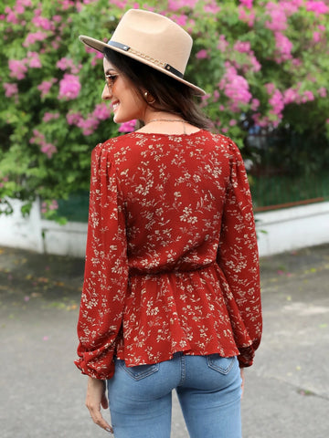 EMERY ROSE Floral Print Lantern Sleeve Shirred Peplum Blouse