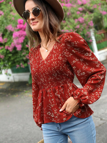 EMERY ROSE Floral Print Lantern Sleeve Shirred Peplum Blouse