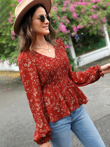 EMERY ROSE Floral Print Lantern Sleeve Shirred Peplum Blouse