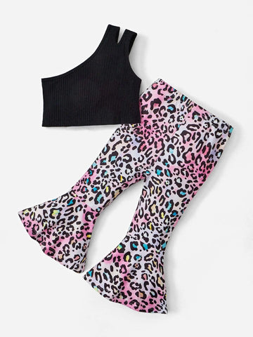 Baby One Shoulder Top & Leopard Print Flare Leg Pants